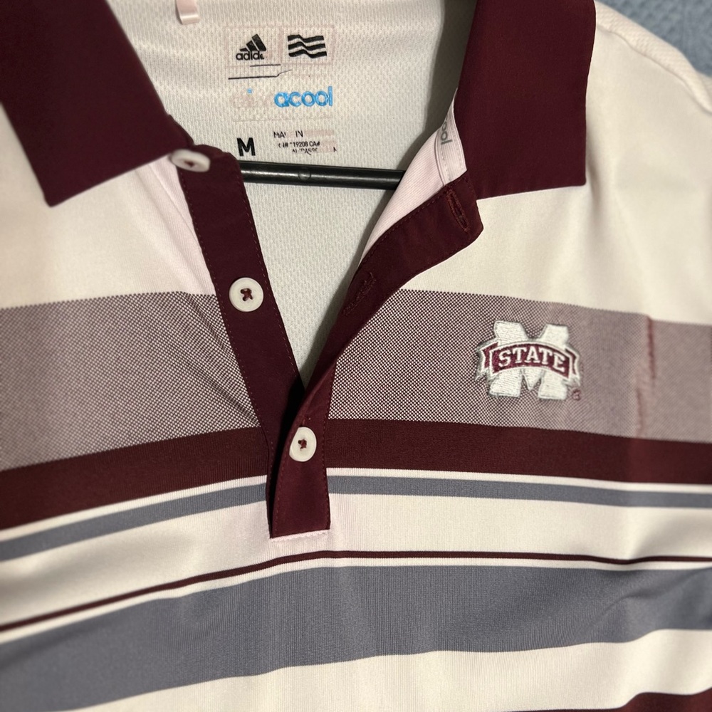 Adidas Men's Burgundy and White Striped Polo